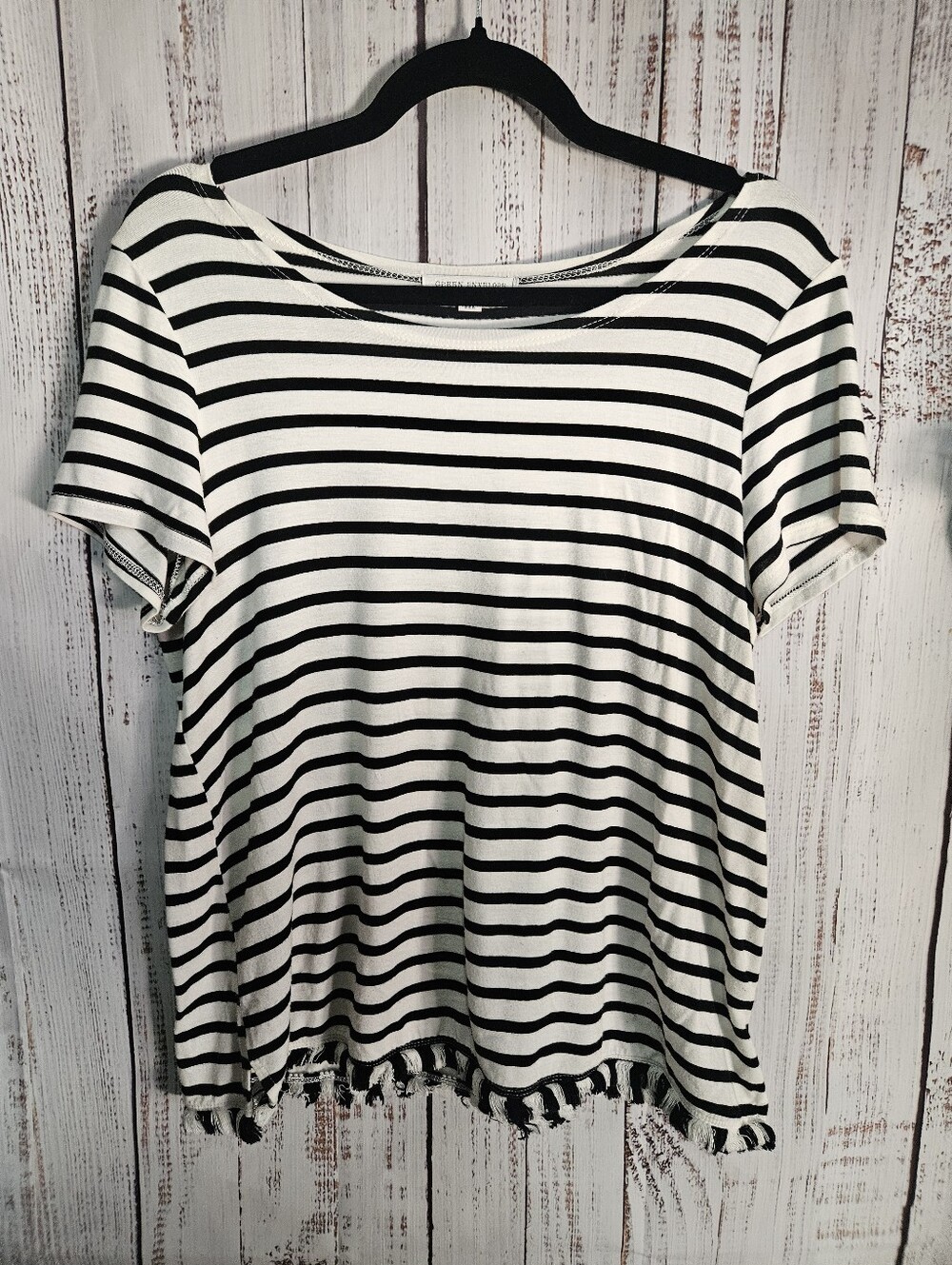 Green Envelope Black & White Striped Short Sleeve Top